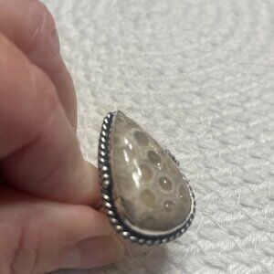 Gorgeous TAN FOSSIL CORAL Handmade Sterling 925 Ring Size 9 #58E